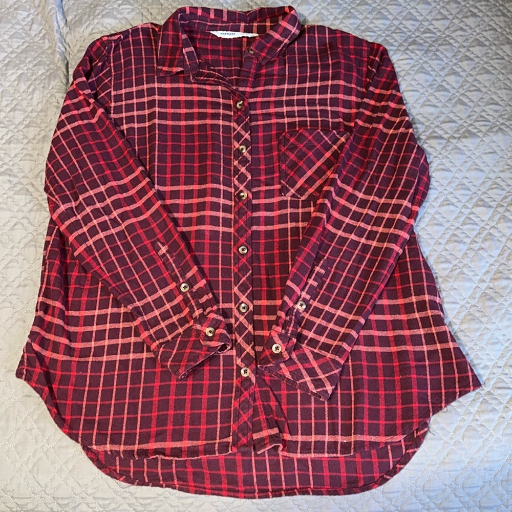 SONOMA WOMEN’S BURGUNDY MAROON FALL FLANNEL PLAID LONG SLEEVE BUTTON DOWN TOP